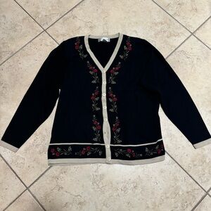 Vintage dressbarn Black Cardigan with Red Floral Embroidery
